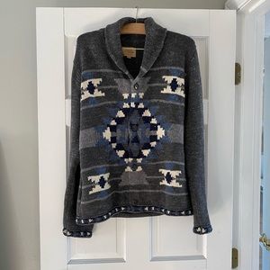 Men’s cowl neck cardigan sweater in tribal print